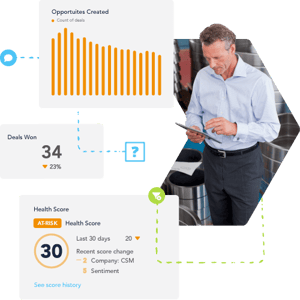 Manufacturing professional reviewing HubSpot dashboard showing opportunities created, deals won, and at-risk customer health score.