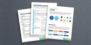 Brand and design system documents featuring positioning framework, color palette, and persona strategy for a B2B company.